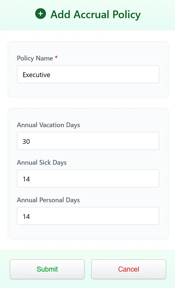 Add new PTO policy form