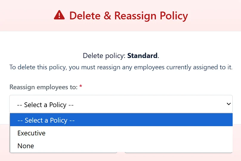 Delete PTO policy confirmation modal