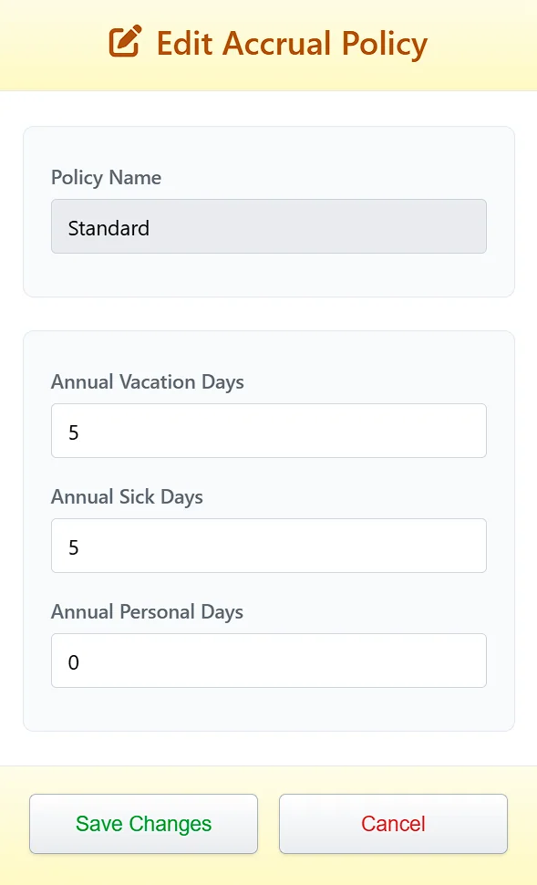 Edit PTO policy form