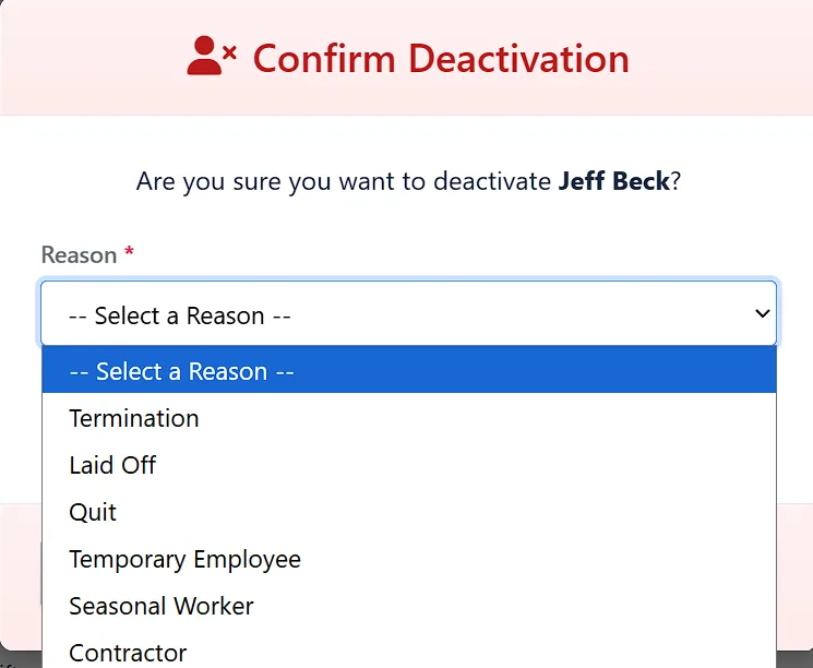 Deactivate employee confirmation modal