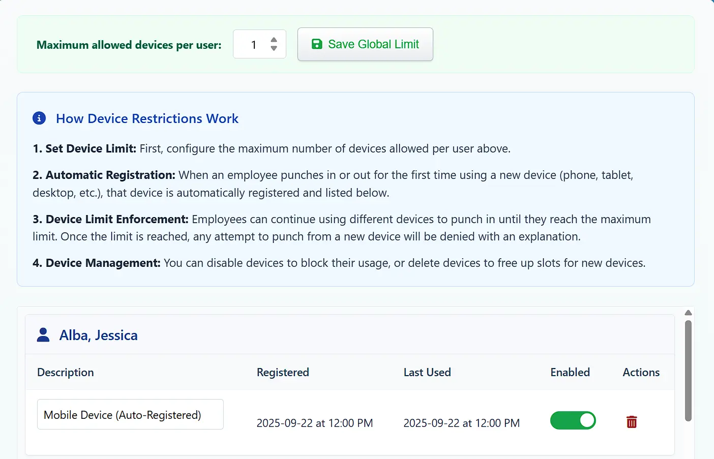 Device restriction settings configuration