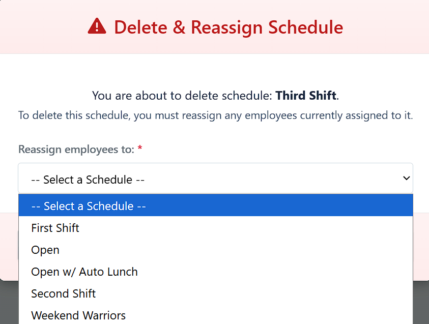 Delete schedule confirmation modal