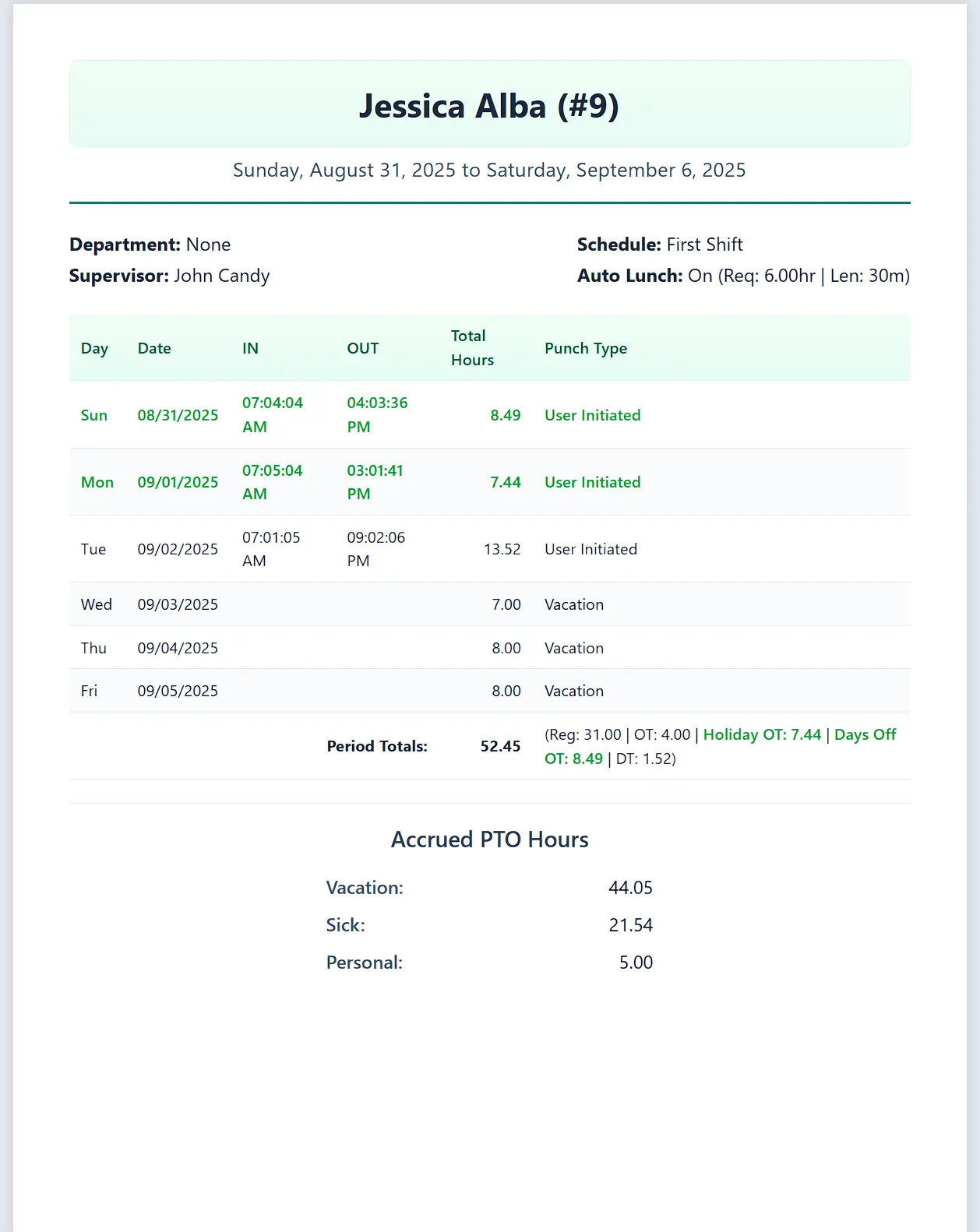Printable view of all employee time cards
